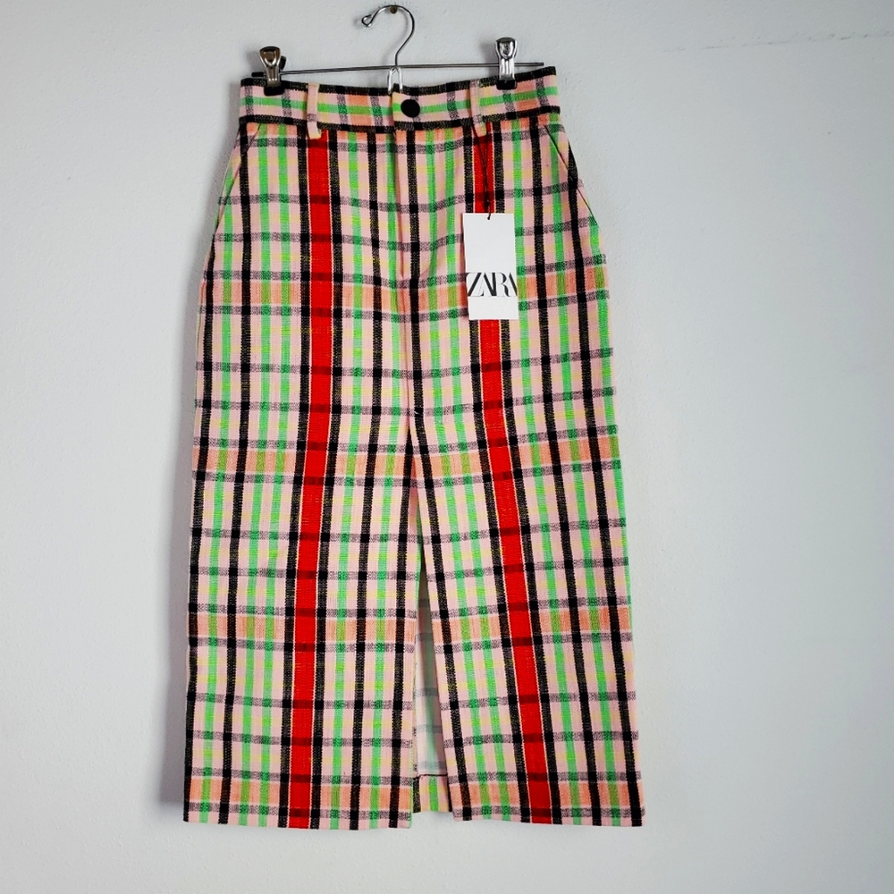NWT Zara Plaid Pencil Skirt Front Slit 70's Retro Women's S Orange Green Pink